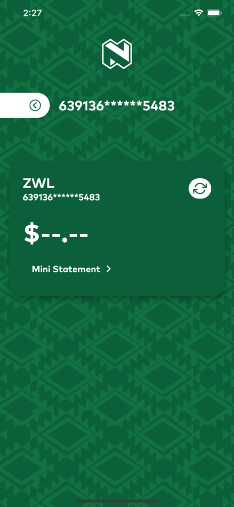 Nedbank Zimbabweモバイルバンキングアプリのアカウント残高画面。