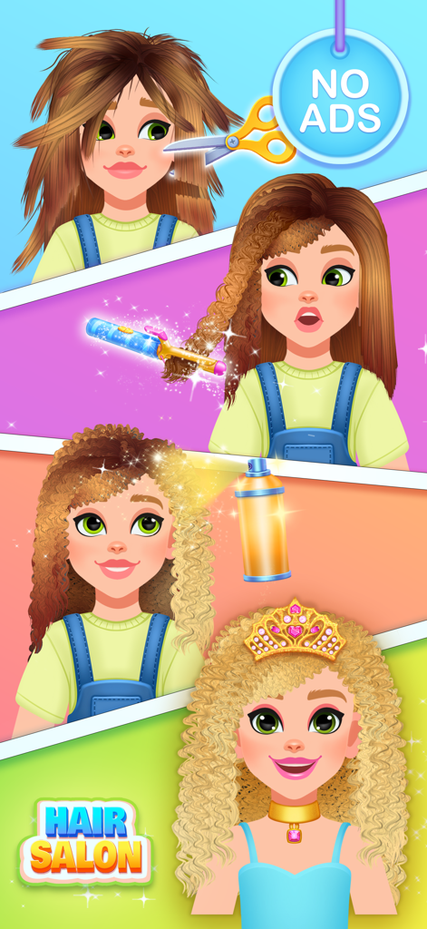 Hair Salon Games For Kids - 子供向けヘアサロンゲームでのステップバイステップの変身。子供キャラクターがカット、カール、王冠を付けている様子