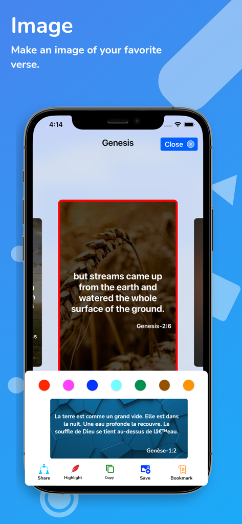 La Bible Du Semeur (BDS) - Écran d'iPhone montrant comment créer et personnaliser des images de versets bibliques dans l'application de la Bible en français