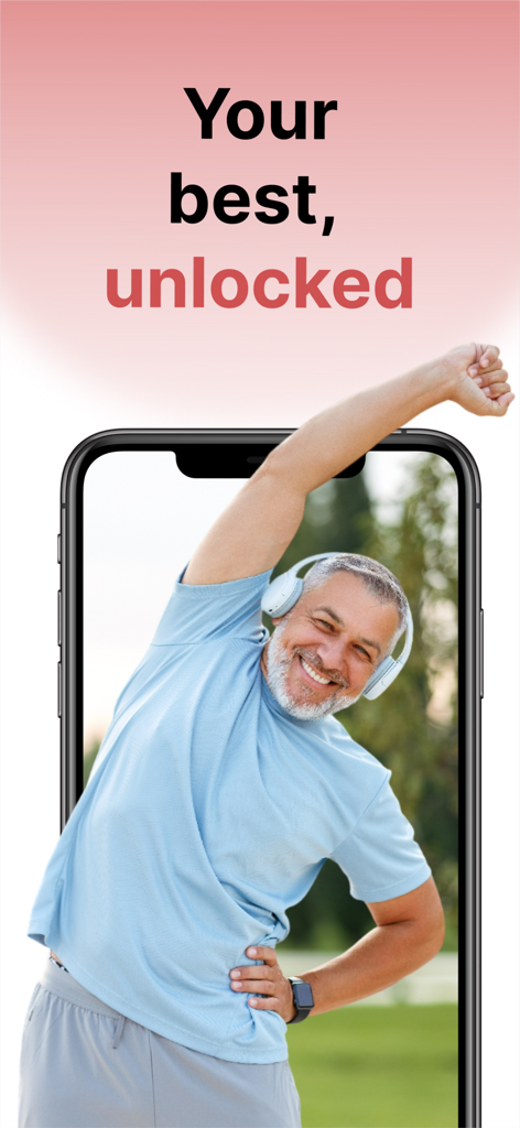 SeniorMatch - Un hombre mayor sonriente con auriculares realizando un ejercicio de estiramiento lateral