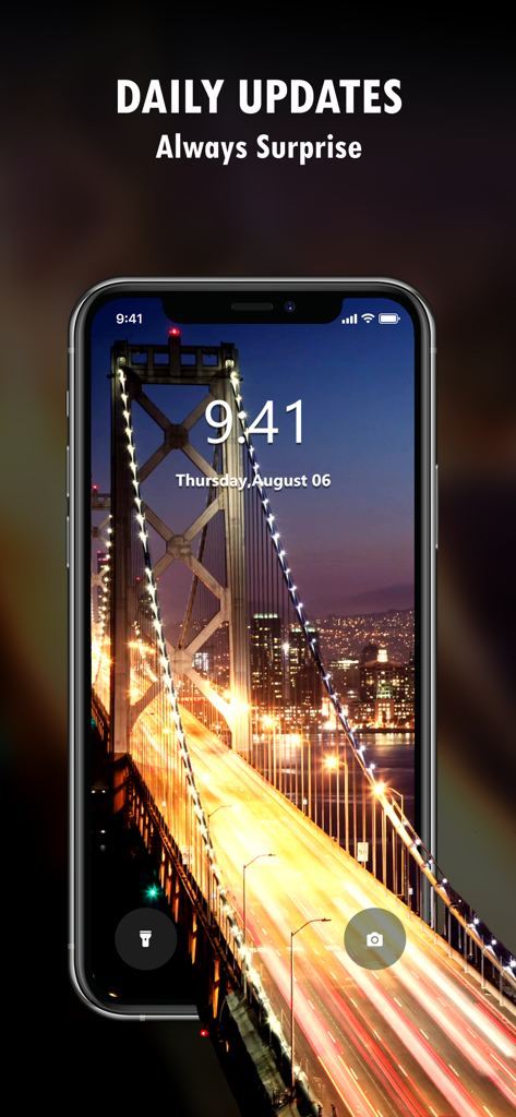 Pantalla de bloqueo de iPhone mostrando un fondo de pantalla animado de un puente de ciudad nocturno con estelas de luz