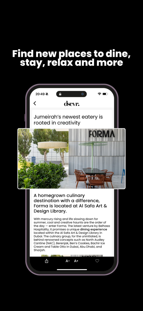 Tela do aplicativo móvel dscvr.ae com uma crítica de restaurante e guia de estilo de vida para os Emirados Árabes Unidos.