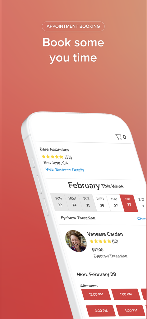 Vagaro App-Bildschirm, der die Terminbuchung für Augenbrauen zupfen mit professioneller Auswahl und verfügbaren Zeitfenstern zeigt.