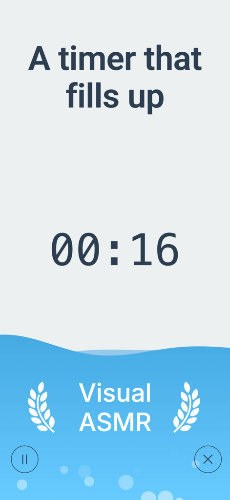 Countdown Timer Aqua Hourglass - A digital countdown timer at sixteen seconds featuring a blue liquid wave effect and Visual ASMR branding