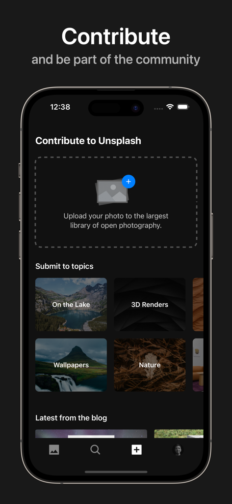 Unsplash - Interfaz de la aplicación Unsplash que muestra la pantalla de contribución de fotos con opciones para cargar imágenes y enviarlas a temas específicos.
