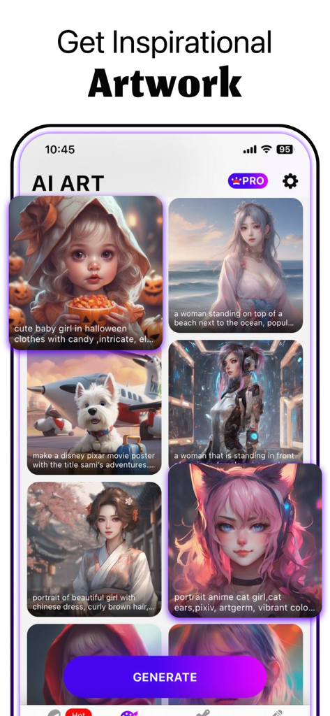 Sabai Artのモバイルアプリケーションインターフェースに、高品質なAI生成アートワークとプロンプトが表示されている