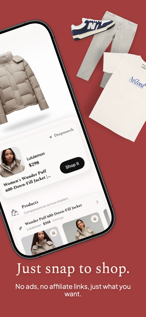 Shoppy - Fashion Search - Aplicación Shoppy en un iPhone que muestra un resultado de búsqueda de IA para una chaqueta acolchada Lululemon con un lema para comprar al instante