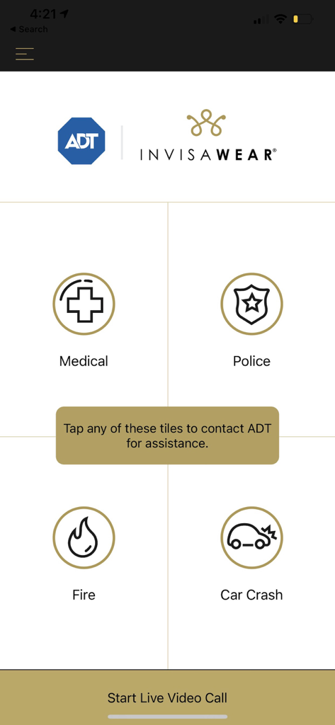 invisaWear - Die Benutzeroberfläche der invisaWear-App, die Kacheln für Notfallkontakte für medizinische Polizei, Feuerwehr und Autounfallhilfe mit ADT-Integration zeigt