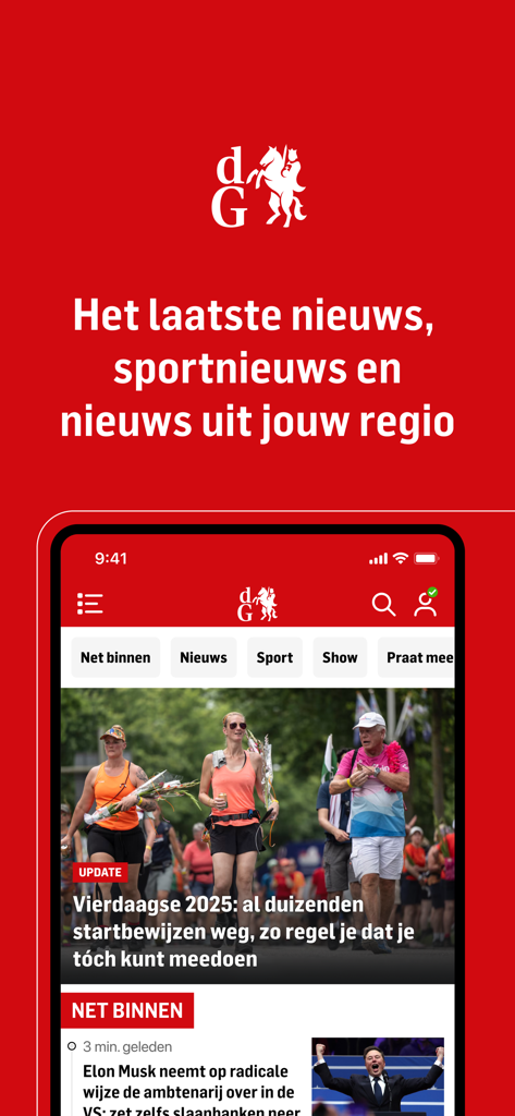 De Gelderlander 뉴스 앱이 지역 및 스포츠 헤드라인을 보여주는 스마트폰 화면