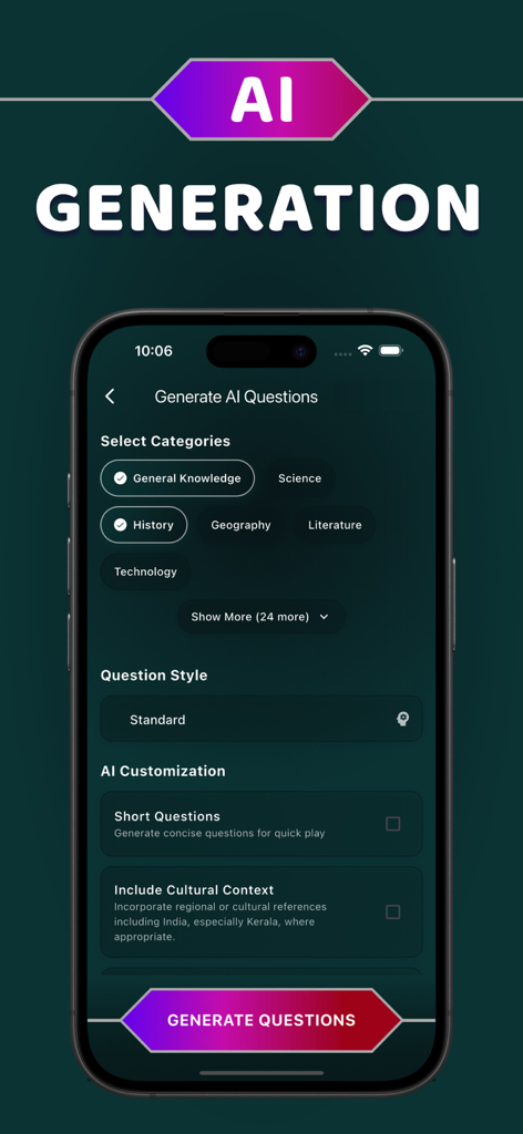 Kodeeshwaran - Malayalam Quiz - AI question generation screen for Kodeeshwaran Malayalam Quiz showing category selection and cultural context options.