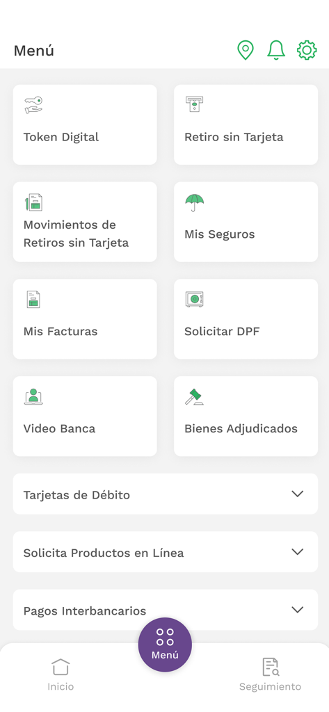 Das Hauptmenü der BNB Movil Banking-App mit Diensten wie digitalem Token und Video-Banking