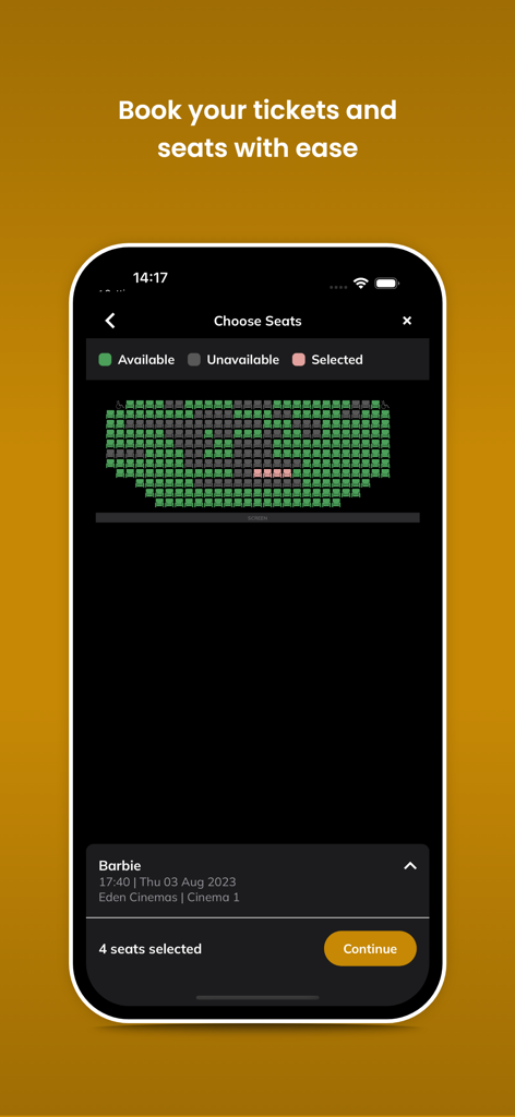 Interfaz de la aplicación Eden Cinemas que muestra un plano de asientos para seleccionar asientos en la sala de cine