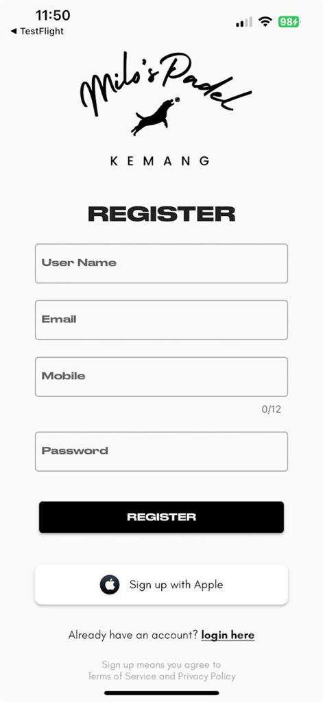 Milos Padel - Registration screen for the Milos Padel app featuring a signup form with fields for name, email, mobile, and password alongside a sign up with apple option.