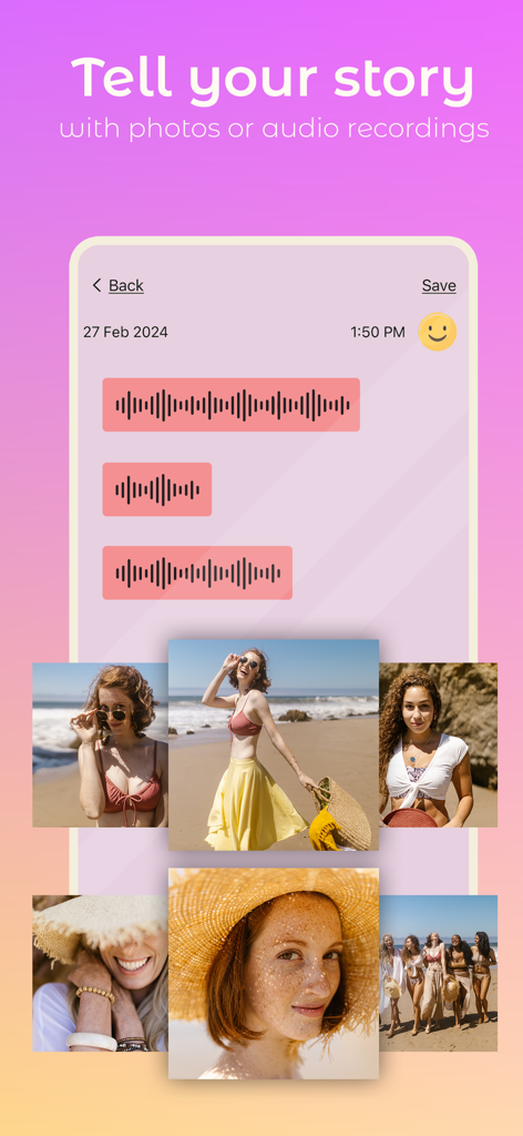 Girl Private Diary With Lock - A digital diary interface showing audio recordings and a collage of beach photos.