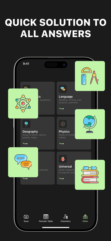 Chemistry Solver - AI Chat - Chemistry Solver app interface showing various subject categories for homework help including physics and geography