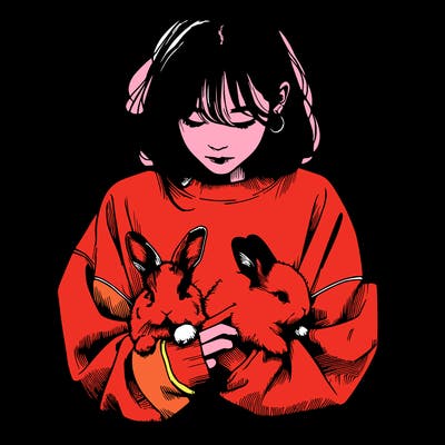 realistic girl with messy bunny baggy sweatshirt and holding bunnies