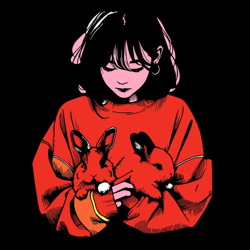 realistic girl with messy bunny baggy sweatshirt and holding bunnies