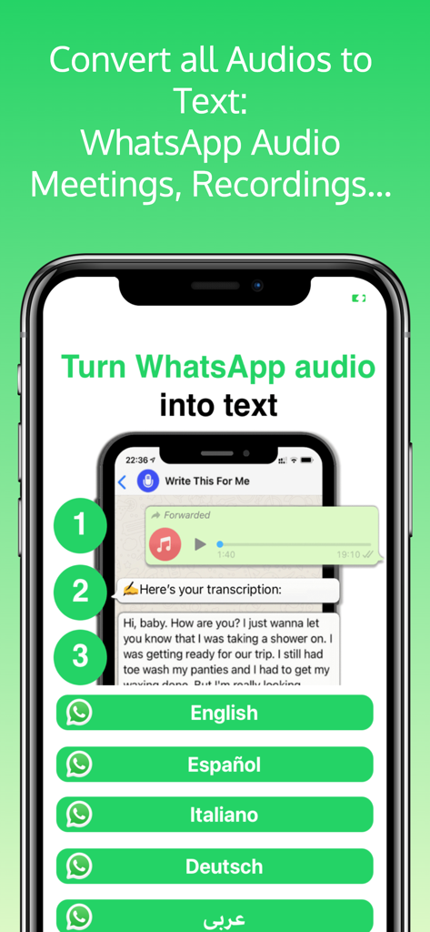 Audio Message to text convert - Uma tela de smartphone demonstrando a transcrição de mensagens de voz do WhatsApp para texto com suporte multilíngue