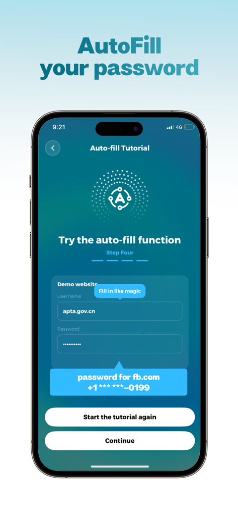Ein Tutorial-Bildschirm in der Authenticator App, der die Passwort-Autofill-Funktion für sicheres Login demonstriert.