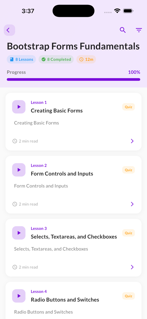 Course list for Bootstrap Forms Fundamentals in the learning app