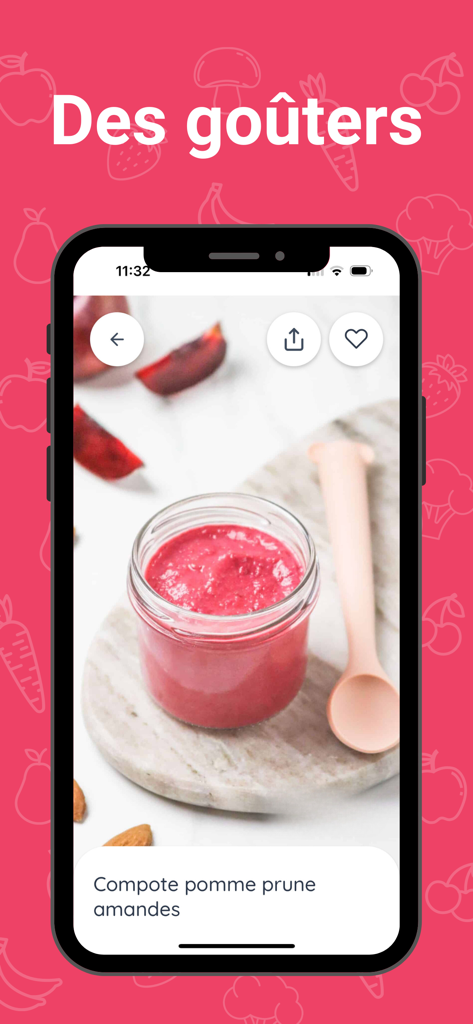 Cuisinez pour bébé - りんごとプラムのベビーフードレシピを表示するスマートフォンの画面