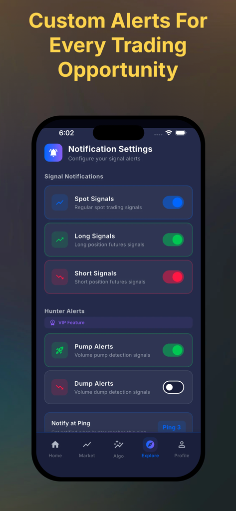 Sindex AI: Crypto Signal Alert - Paramètres de notification de l'application Sindex AI pour les signaux de trading crypto spot longs et courts