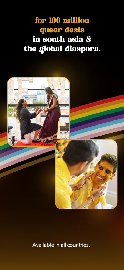 Intro - Queer Desi Dating - Intro app promotional screen featuring queer South Asian couples and global community statistics