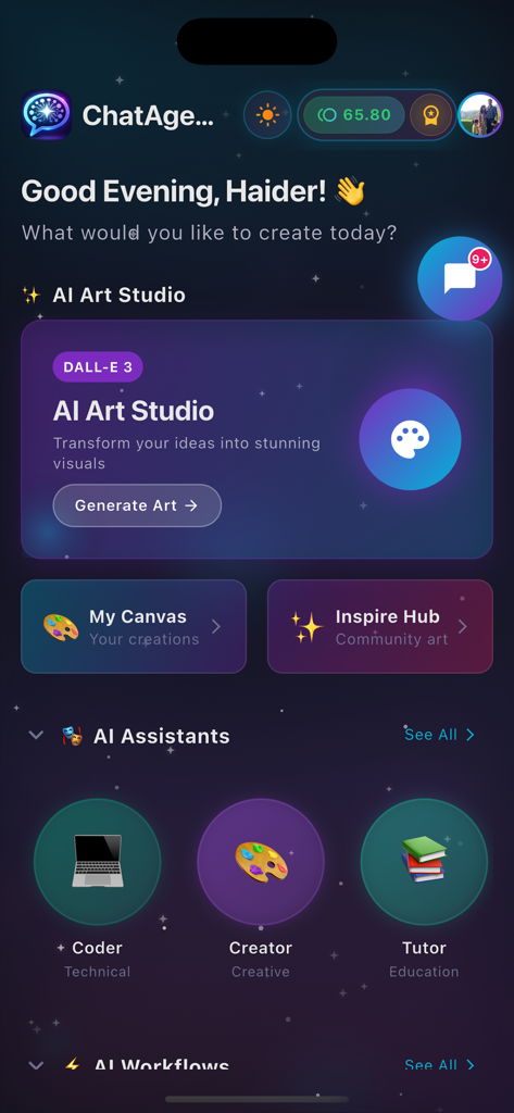 ChatAgent AI Chat Ask Anything - Tela inicial do aplicativo ChatAgent AI mostrando seções para Estúdio de Arte de IA, Assistentes de IA como Coder e Creator, e uma interface de glasformismo escura.