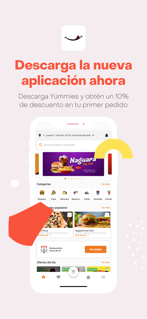 Pantalla de inicio de la aplicación de entrega de comida Yummies con categorías de restaurantes y descuentos promocionales