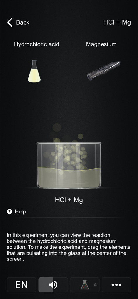 Interactive chemistry experiment showing a reaction between hydrochloric acid and magnesium