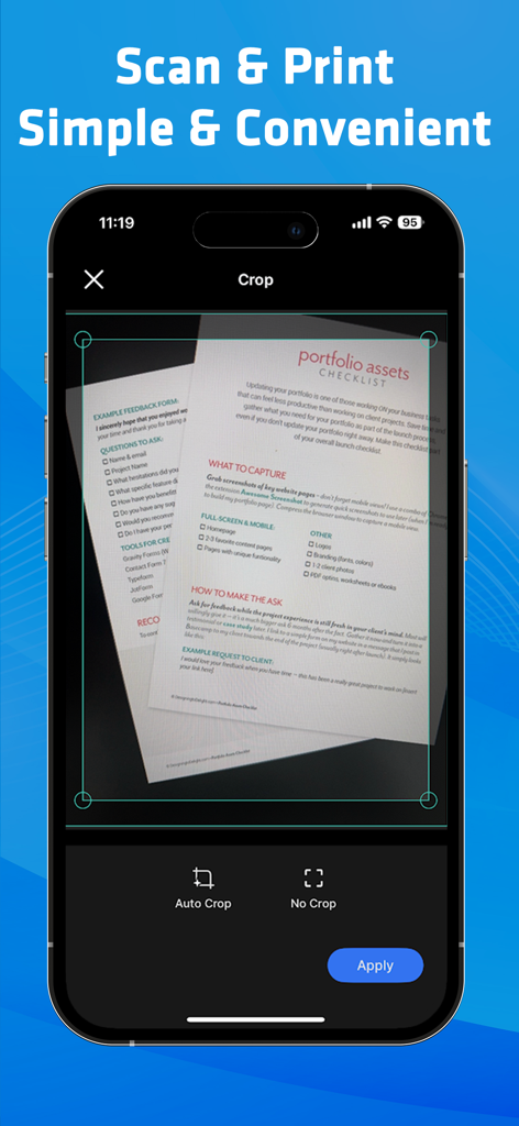 Smart Printer App-Oberfläche zeigt das Scannen und Zuschneiden eines Dokuments auf einem iPhone für einfachen Druck.