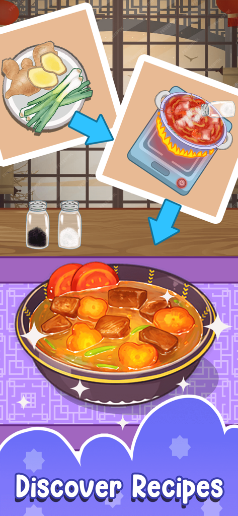 Proceso de cocina paso a paso, desde ingredientes crudos hasta un estofado de ternera terminado en un acogedor juego ASMR.