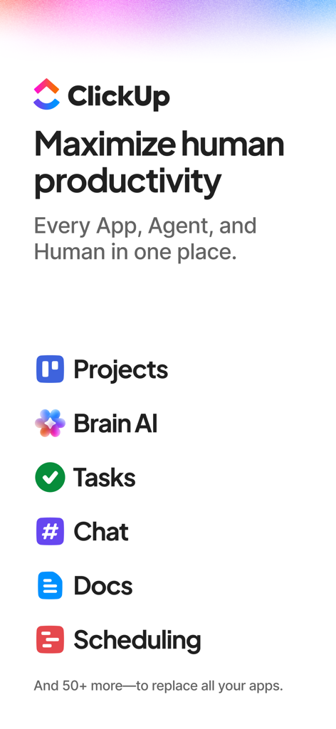 ClickUp app overview showing features like Projects, Brain AI, Tasks, Chat, and Docs to maximize productivity