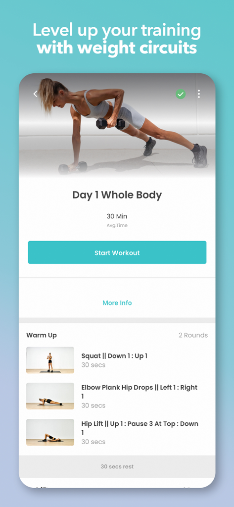 Application Fresh Body Fit Mind affichant un plan d'entraînement de circuit de poids pour tout le corps de 30 minutes.
