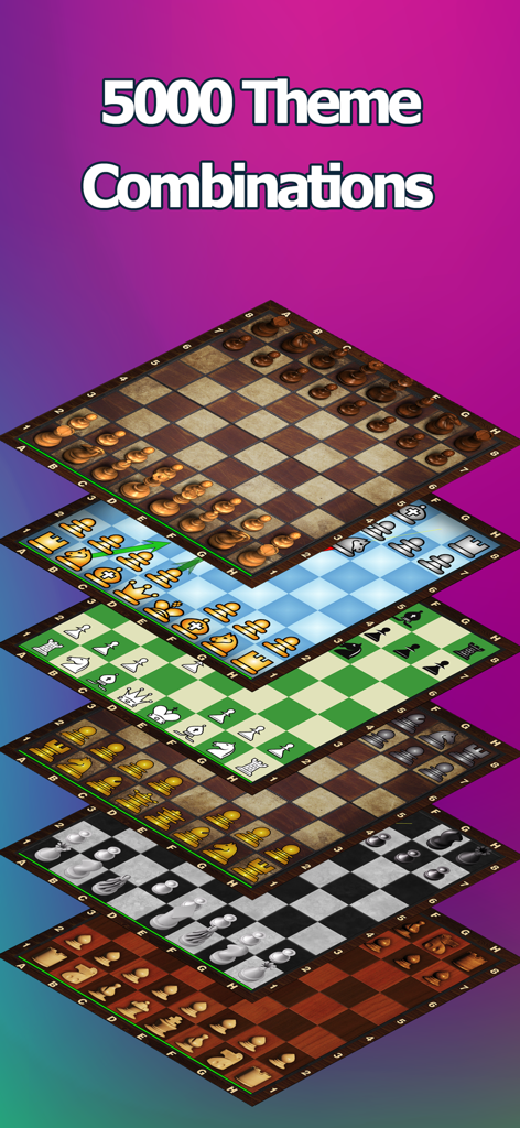Una pila de diferentes temas de tablero de ajedrez 3D y estilos de piezas disponibles en Chess Pro.