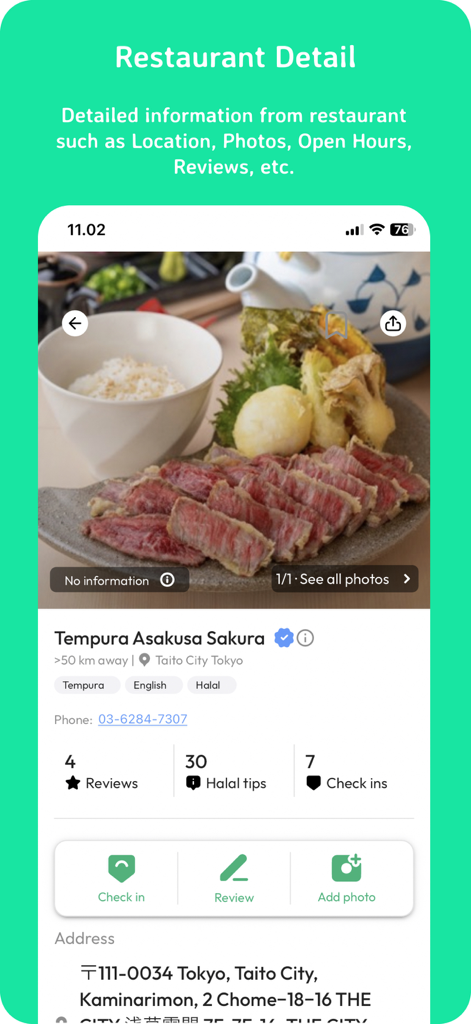 Halal Navi - Restaurant detail screen in the Halal Navi app showing information for Tempura Asakusa Sakura with reviews and halal tips