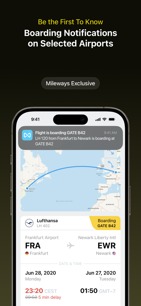 Track Live Flights - Mileways - Mileways app interface on iPhone showing a real-time boarding notification and flight tracking details for a Lufthansa flight