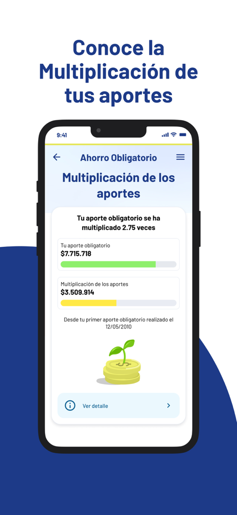 Interface of the Mi AFP Capital app showing mandatory savings multiplication and pension contribution growth details.