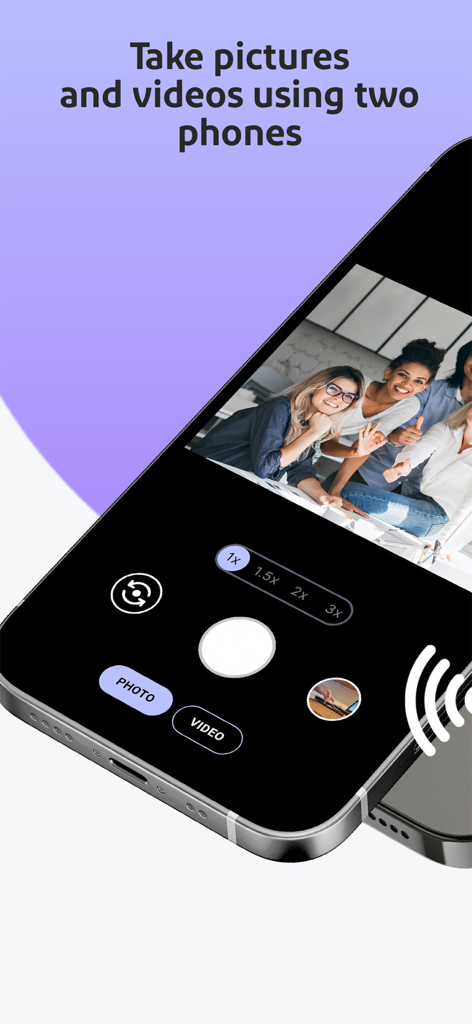 SayCheese - Remote Camera - Écran de smartphone affichant l'interface de l'application SayCheese pour la capture de photos et vidéos à distance à l'aide de deux appareils