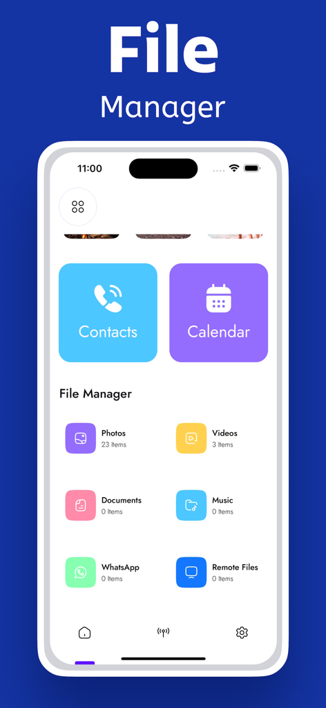 Dashboard do aplicativo Ai Cleaner Pro mostrando o gerenciador de arquivos com categorias para fotos, vídeos e contatos