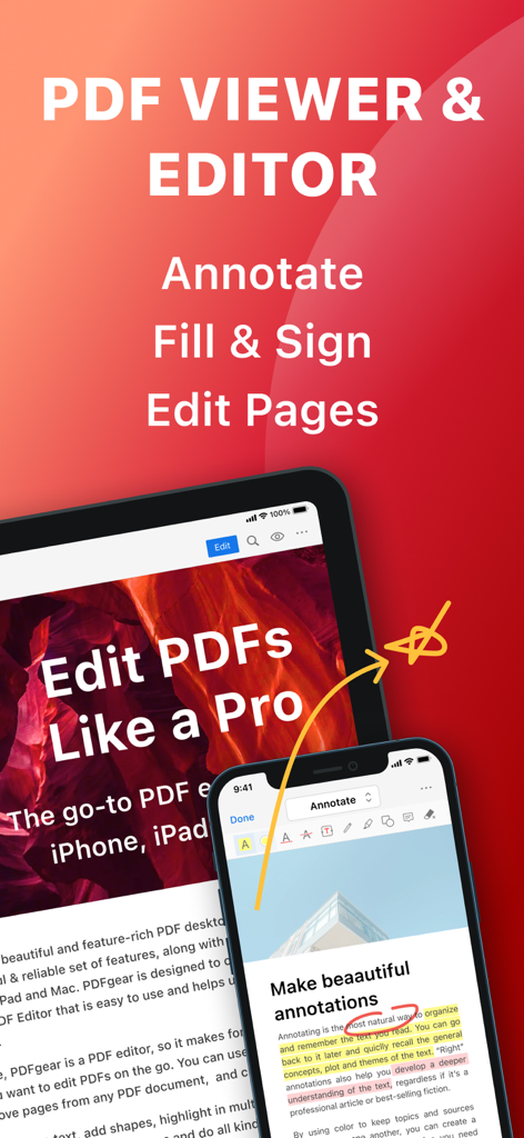 PDF Gear App-Oberfläche auf iPhone und iPad zur Bearbeitung und Kommentierung von Dokumenten