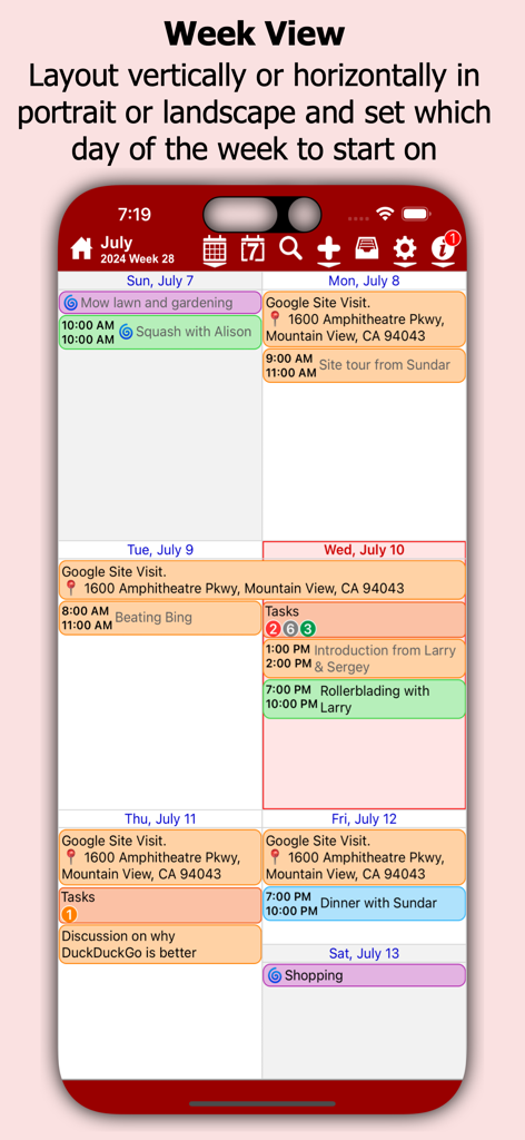 myCal PRO Planner - 색상 코딩된 캘린더 이벤트 및 레이블이 표시되는 iPhone의 myCal PRO Planner 앱 주간 보기