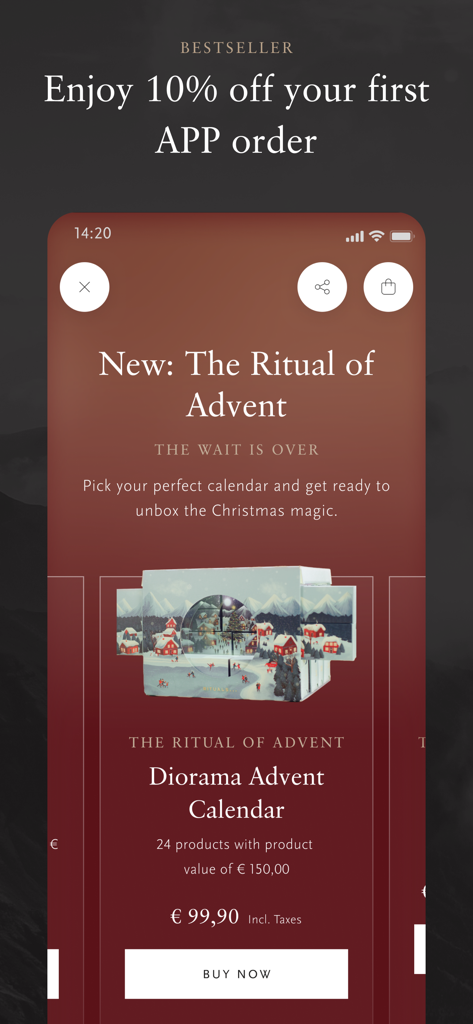 Rituals app screen featuring a 10 percent discount offer and a Diorama Advent Calendar promotion