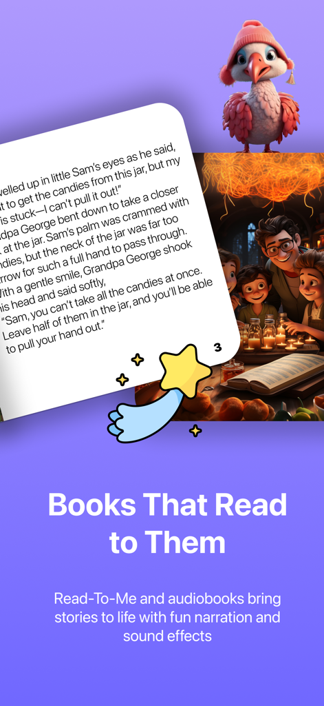 StoryTime Kids: AI Storybook - Interface of StoryTime Kids app showcasing the audio stories and read-to-me feature for children.