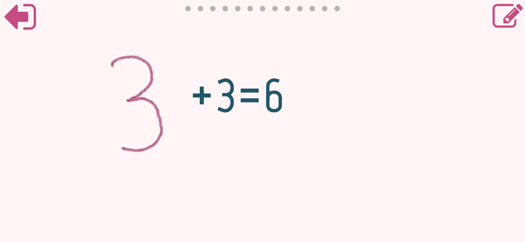 Math Shot Add and Subtract 20 - Additionsaufgabe 3 plus 3 gleich 6 mit handschriftlicher Zahleneingabe in der Lern-App Math Shot.