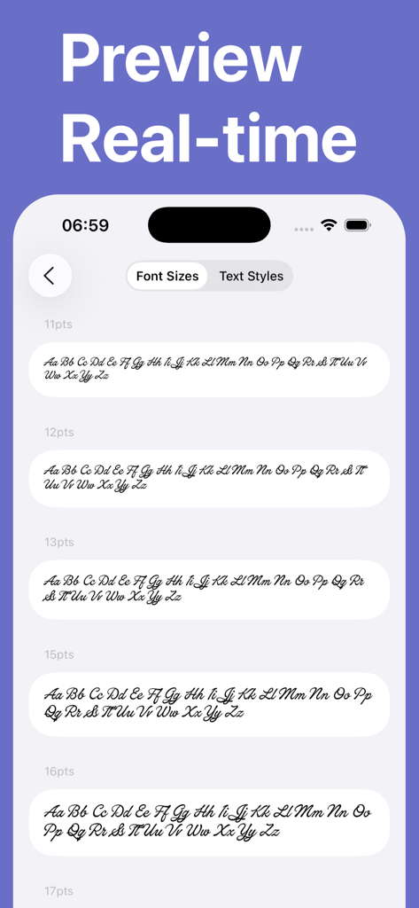 Install - Any Fonts - Real time font size preview showing a cursive typeface in the Fonty app