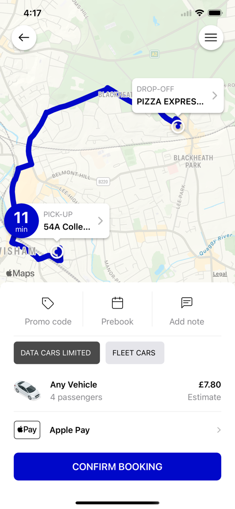 Data Cars - Data Cars app interface displaying a map route and booking confirmation details