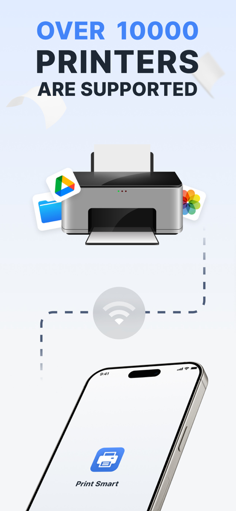 Graphic showing Print Smart app connecting a smartphone to over 10000 supported wireless printers with cloud storage icons
