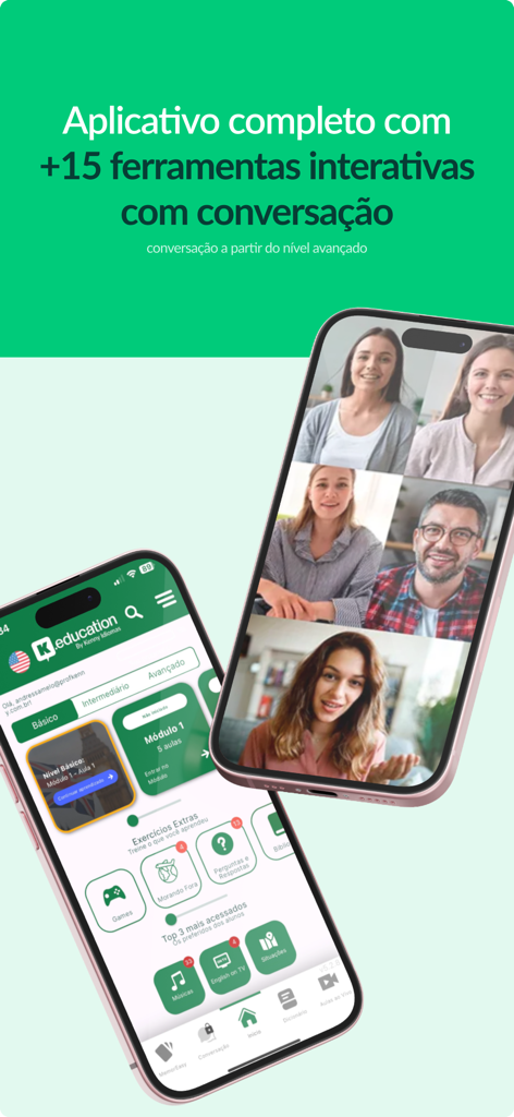 K.education - K.education app interface showing English learning modules and a live group video conversation class