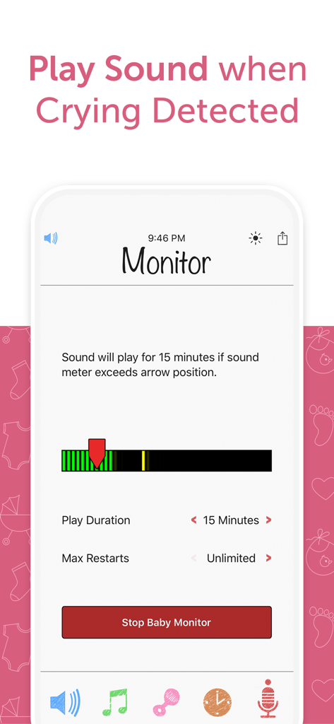White Noise Baby app monitor screen showing sound activation settings when crying is detected